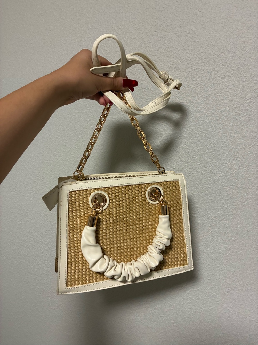 Woven Straw Accent Crossbody Bag with White Trim and Gold Chain